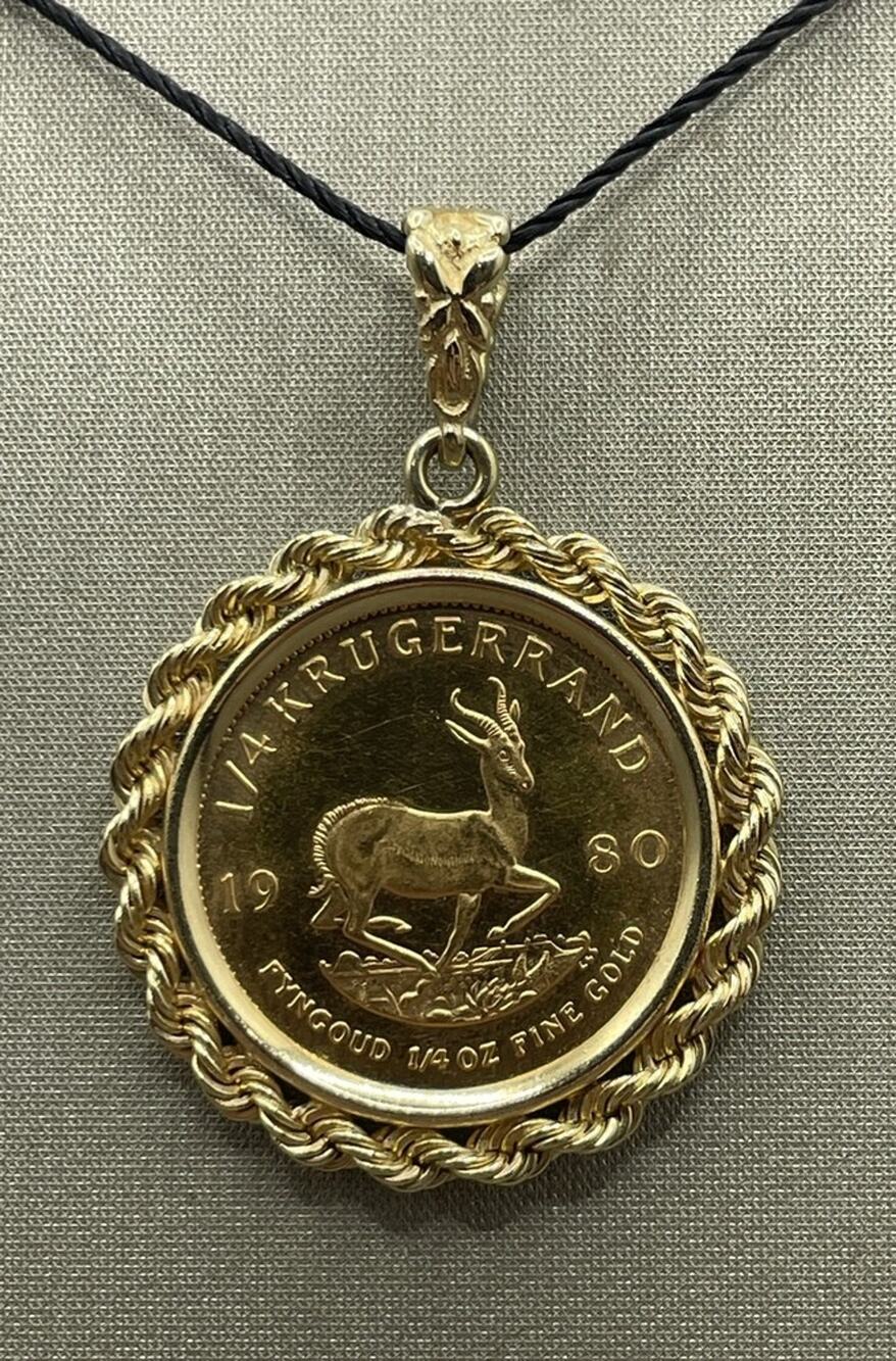 14K Yellow Gold Rope Bezel W/ 1/4oz 1980 Gold Krugerrand Coin (26347)